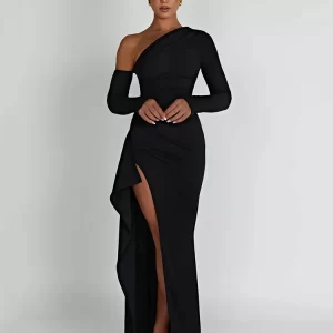 Oblique Shoulder Maxi Evening Dress